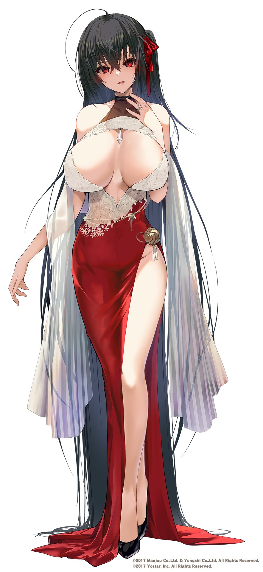 1girl azur_lane bare_shoulders black_footwear black_hair breasts cleavage commentary_request crossed_bangs dress full_body hair_between_eyes hair_ornament hair_ribbon highres jewelry large_breasts long_hair official_art parted_lips red_dress red_eyes red_ribbon ribbon ring satou_daiji side_ponytail smile standing taihou_(azur_lane) thighs white_background