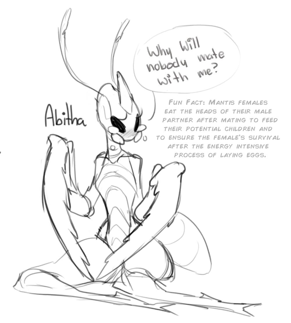 1_horn 2019 abitha_(proxicute) antennae_(anatomy) anthro arthropod arthropod_abdomen biped black_eyes bodily_fluids character_name claws dialogue empty_eyes english_text fan_character featureless_chest female front_view hollow_knight horn insect mantis monochrome proxicute question_mark simple_background sitting sketch small_waist solo speech_bubble suggestive_dialogue team_cherry tears text thick_thighs weapon_arm white_background wide_hips