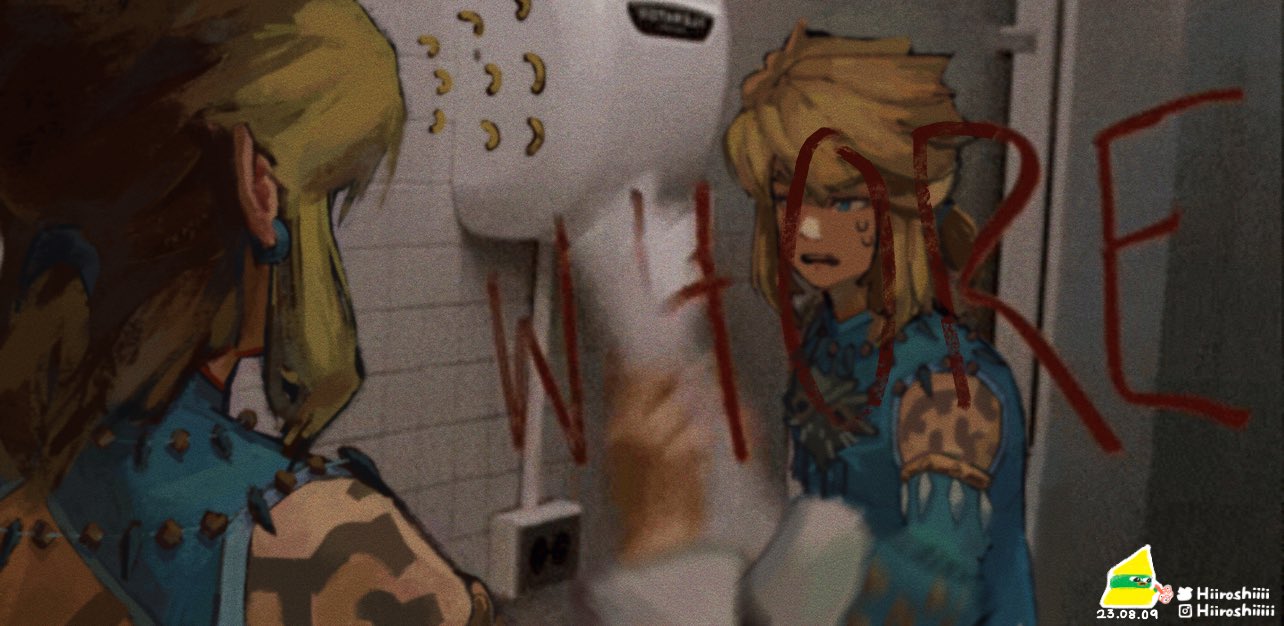 1boy arm_tattoo bathroom blonde_hair blue_eyes blue_shirt colored_text detached_sleeves electrical_outlet elf frostbite_set_(zelda) hand_dryer hand_up hiroshi_(hiiroshiiii) holding indoors jewelry looking_at_mirror medium_hair mirror necklace open_mouth pointy_ears real_life_insert reflection shirt sweat sweatdrop tattoo the_legend_of_zelda the_legend_of_zelda:_tears_of_the_kingdom wiping