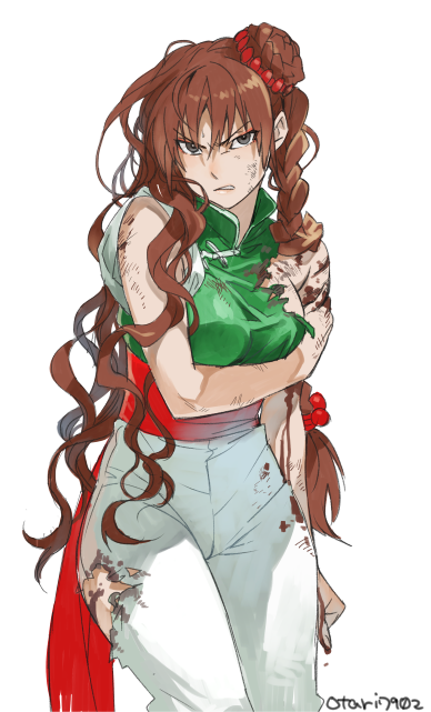 1girl blood braid breasts brown_hair hair_bun indesign injury long_hair looking_at_viewer simple_background solo strider_(video_game) ton_pooh torn_clothes white_background