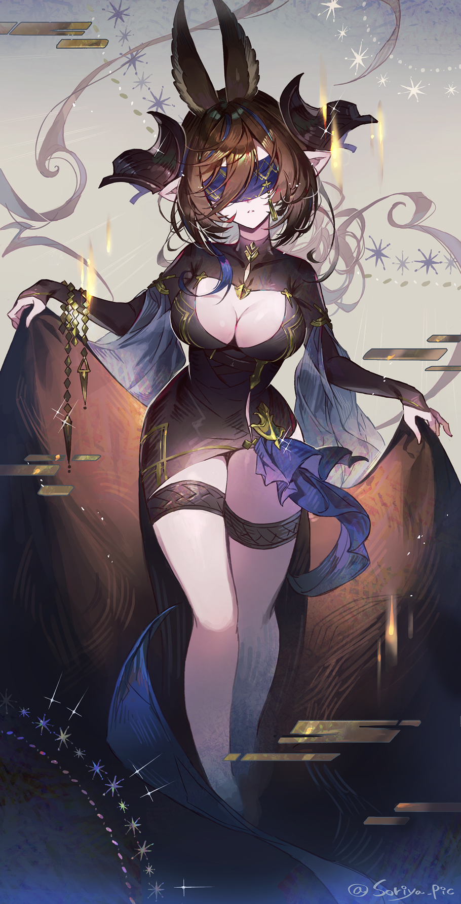1girl animal_ears black_dress blindfold breasts brown_hair cleavage cleavage_cutout clothing_cutout cropped_legs dress facing_viewer galleon_(granblue_fantasy) galleon_(life's_compassionate_observer)_(granblue_fantasy) glint granblue_fantasy highres horns large_breasts long_hair long_sleeves multicolored_hair parted_lips pointy_ears shawl sleeves_past_wrists solo soriya standing streaked_hair thigh_strap twitter_username