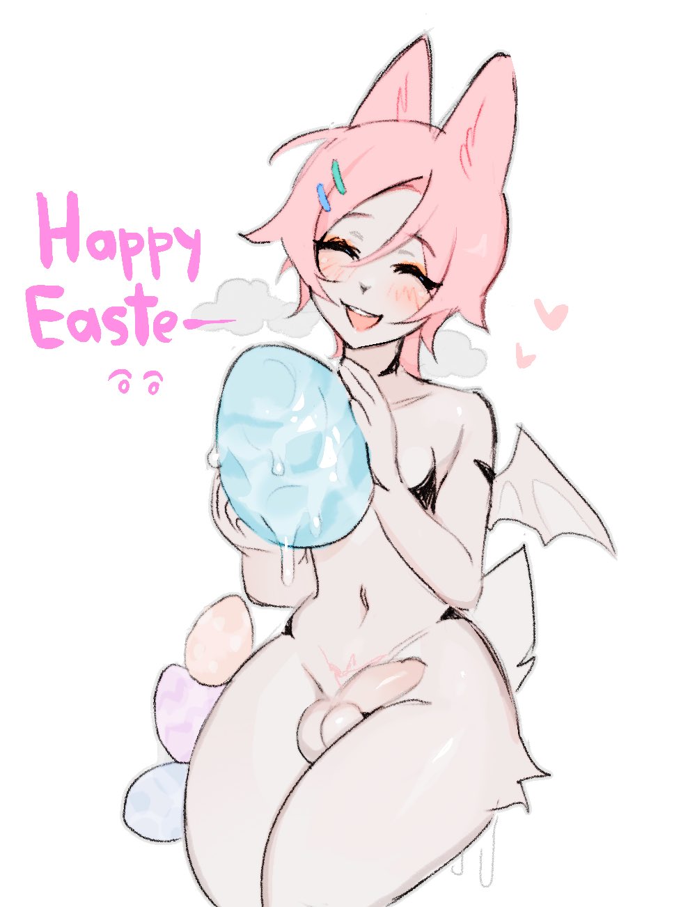 &lt;3 2022 accessory anthro balls biped colored digital_media_(artwork) easter easter_egg egg eyes_closed fur genitals girly hair hair_accessory hairclip happy hi_res holidays lagomorph leporid male mammal mikosi navel nude pink_body pink_hair rabbit simple_background smile solo tail teeth wings