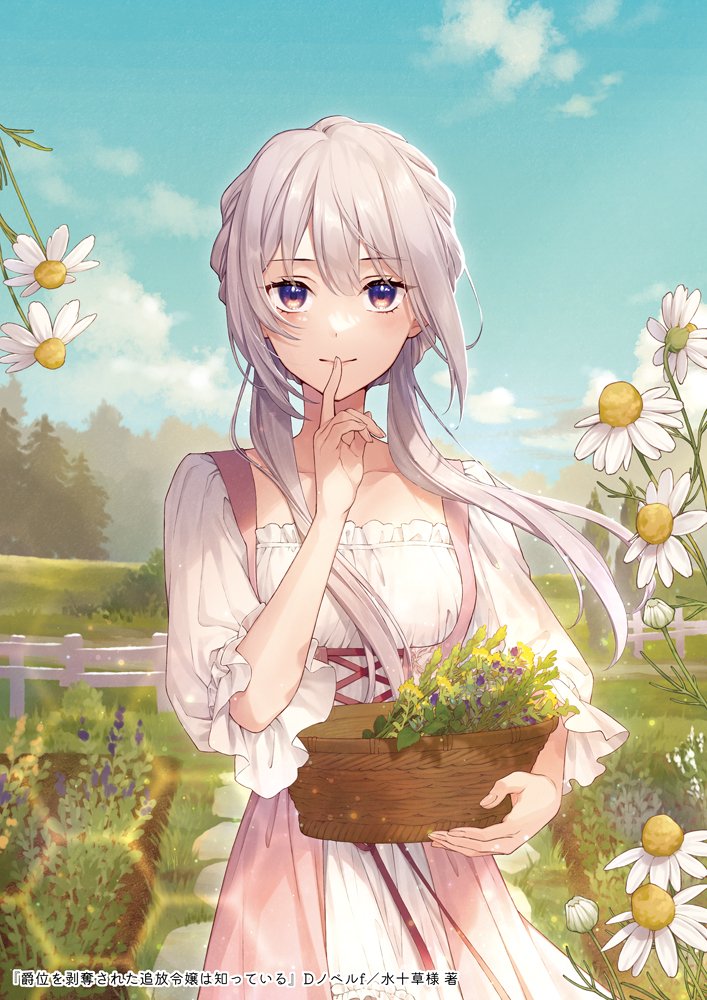 1girl basket chamomile closed_mouth cloud cobblestone cover cover_page cowboy_shot cross-laced_clothes day double-parted_bangs dress finger_to_mouth flower garden grass grey_hair hair_between_eyes herb holding holding_basket index_finger_raised jacket light_particles long_hair looking_at_viewer low_twintails masami_(souzou_jinsei_sanka) novel_cover official_art open_clothes open_jacket outdoors pink_jacket purple_eyes shakui_o_hakudatsu_sa_reta_tsuihou_reijou_wa_shitte_iru sleeveless sleeveless_jacket sleeves_past_elbows smile solo standing straight-on tree twintails white_dress white_flower wind