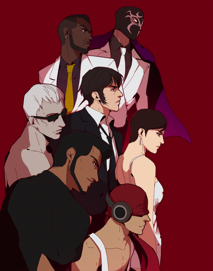 1girl 6+boys bandana black_hair black_necktie blood blood_on_clothes breasts brown_hair cape colored_skin commentary con_smith covered_eyes coyote_smith dan_smith dark-skinned_male dark_skin dress earrings english_commentary facial_hair garcian_smith goatee grey_hair grey_skin hanpetos headphones jewelry kaede_smith kevin_smith killer7 loose_necktie mask mask_de_smith medium_breasts multiple_boys necktie purple_cape red_background red_bandana short_hair sideburns spaghetti_strap suit sunglasses tank_top very_dark_skin white_dress white_necktie white_suit white_tank_top yellow_necktie