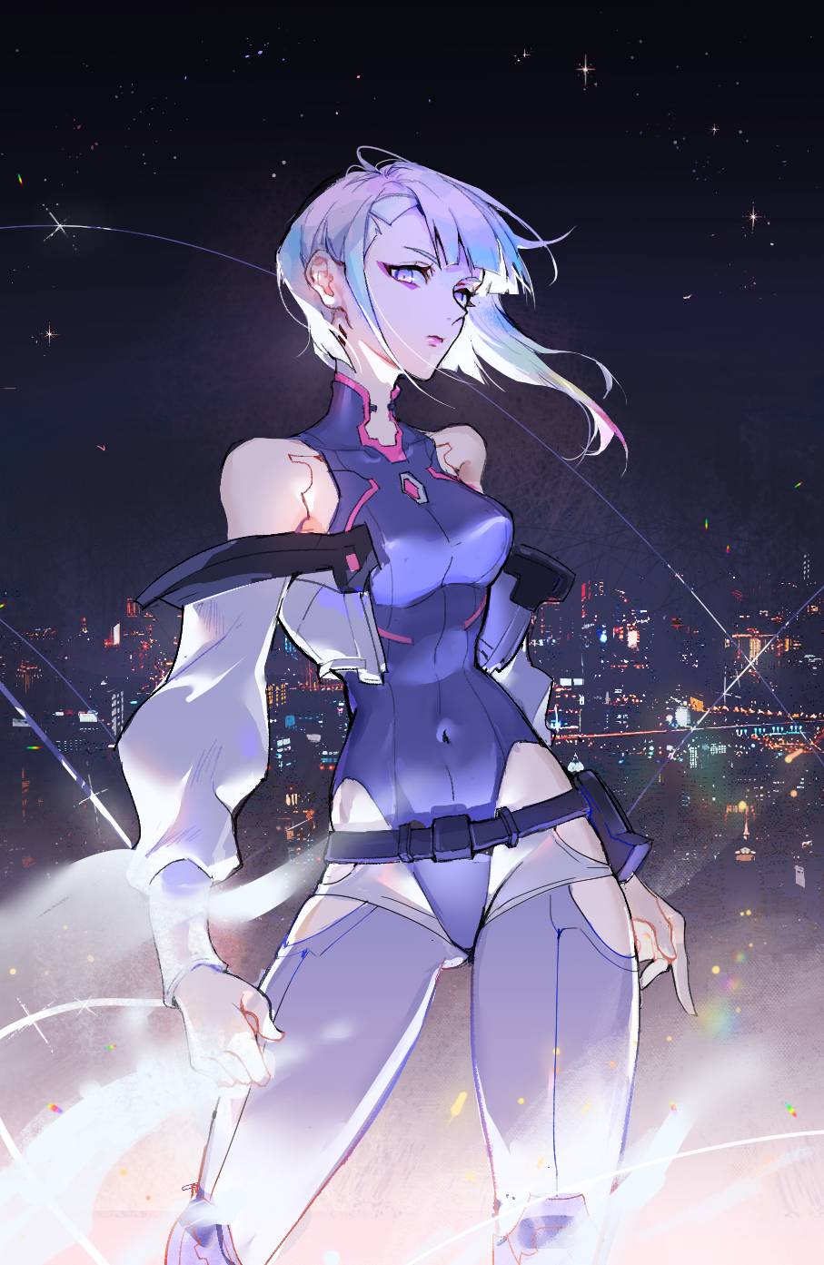 1girl bare_shoulders belt black_belt black_bodysuit blunt_bangs bodysuit chin cityscape clenched_hand closed_mouth cyberpunk_(series) cyberpunk_edgerunners english_commentary highres jacket light light_frown long_sleeves lucy_(cyberpunk) maosishu multicolored_hair night night_sky off-shoulder_jacket off_shoulder outdoors parted_bangs pink_lips puffy_long_sleeves puffy_sleeves purple_eyes rainbow_hair robot short_hair sky sparkle star_(sky) thighhighs white_jacket white_thighhighs wind wind_lift