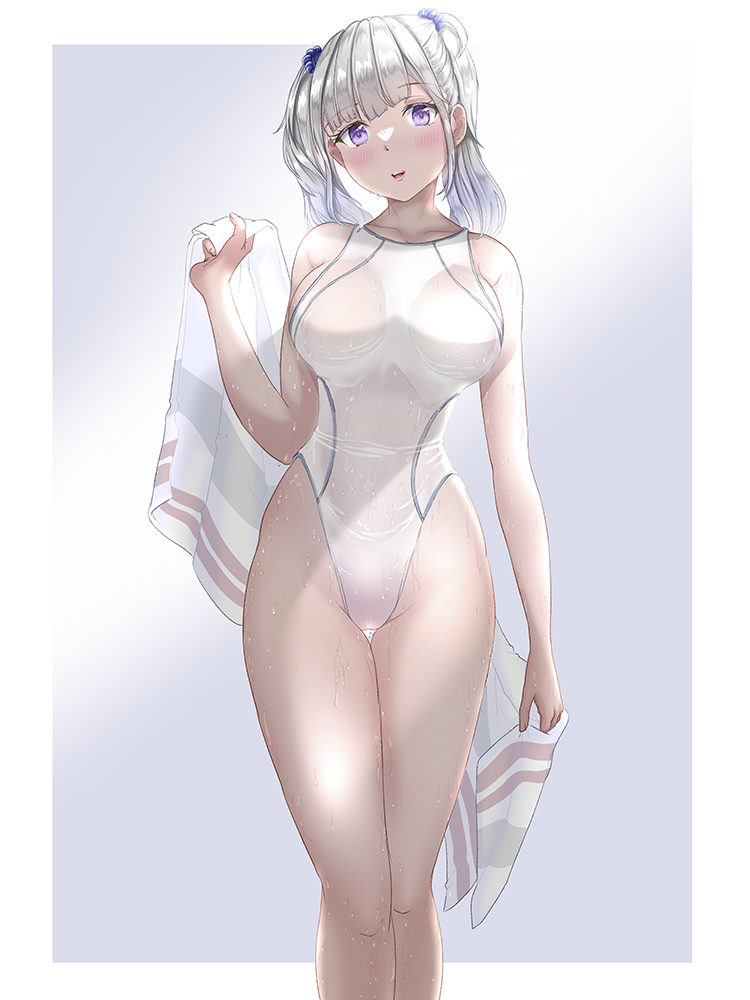 1girl breasts commentary_request competition_swimsuit grey_hair highleg highleg_swimsuit large_breasts mashinatsu one-piece_swimsuit original purple_eyes solo swimsuit towel twintails wet wet_clothes wet_swimsuit