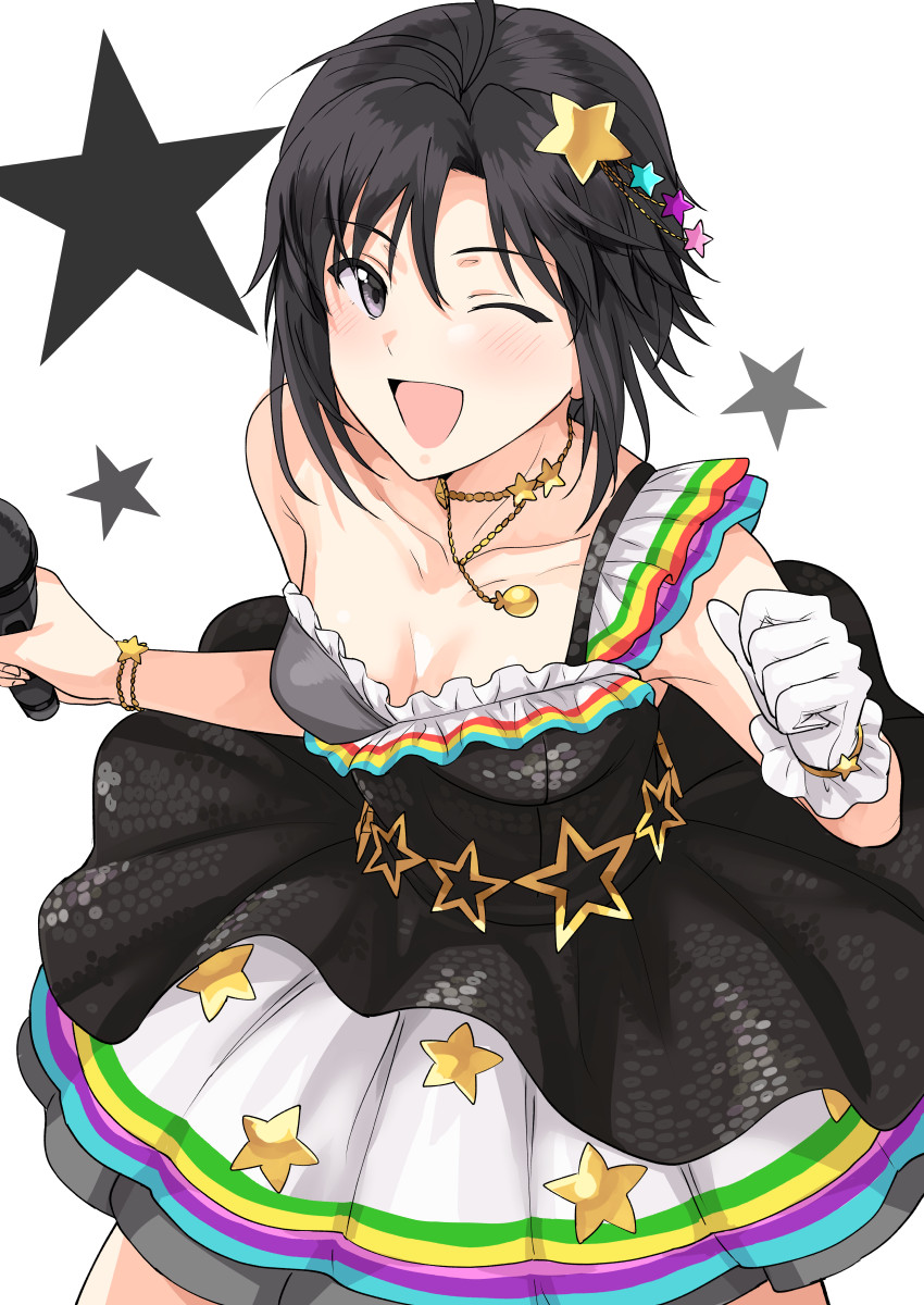 1girl ;d ahoge black_hair bracelet breasts cleavage clenched_hand dress frilled_dress frills gloves grey_eyes hair_ornament highres holding holding_microphone idolmaster idolmaster_(classic) jewelry kikuchi_makoto layered_dress looking_at_viewer microphone necklace one_eye_closed open_mouth short_hair simple_background single_glove single_strap sleeveless sleeveless_dress small_breasts smile solo star_(symbol) star_hair_ornament star_print starry_background tsurui white_background white_gloves