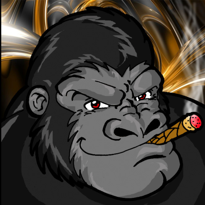 2008 abstract_background anthro ape black_body black_fur cigar cigar_in_mouth cigar_smoke dan_the_bear face_focus fur gor_(tomcat) gorilla grey_body grey_skin haplorhine looking_at_viewer male mammal object_in_mouth portrait primate red_eyes smile smiling_at_viewer smirk smirking_at_viewer smoking solo
