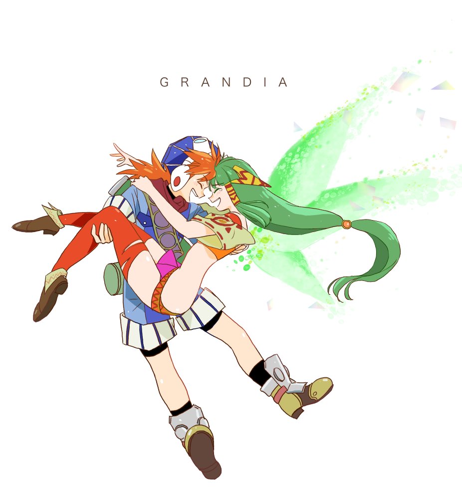 1boy 1girl ametant feena_(grandia) full_body grandia grandia_i green_hair hair_ornament hair_tubes hat jewelry justin_(grandia) long_hair low-tied_long_hair midriff open_mouth simple_background skirt smile thighhighs white_background