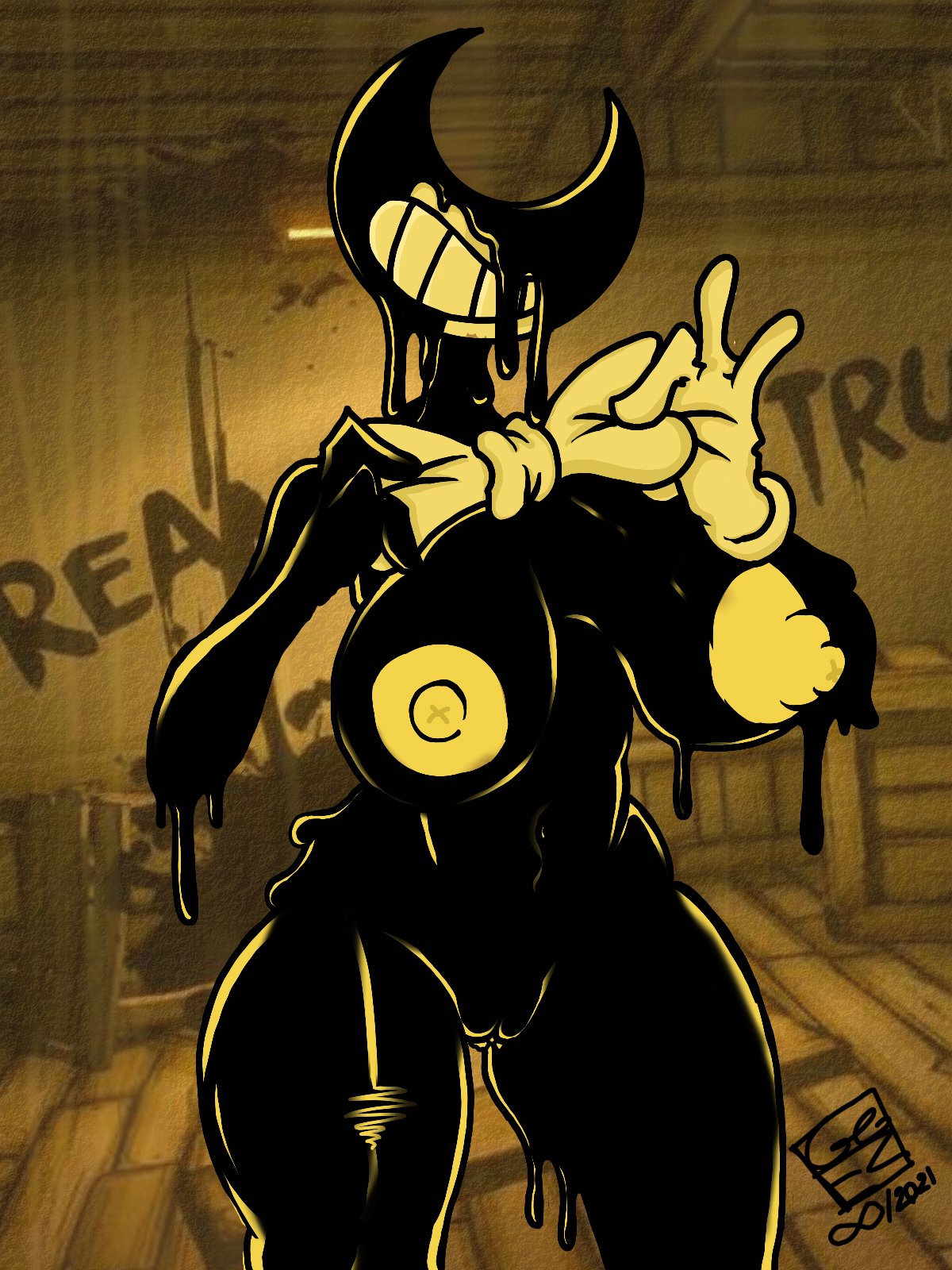 3:4 areola bendy_and_the_ink_machine bendy_the_dancing_demon big_breasts black_body bow_tie breasts clothing crossgender demon demon_humanoid eyeless female genitals ggez2341 gloves goo_creature goo_humanoid handwear hi_res huge_breasts humanoid ink_bendy navel nipples nude pussy smile solo thick_thighs white_clothing white_gloves white_handwear wide_hips yellow_areola yellow_nipples