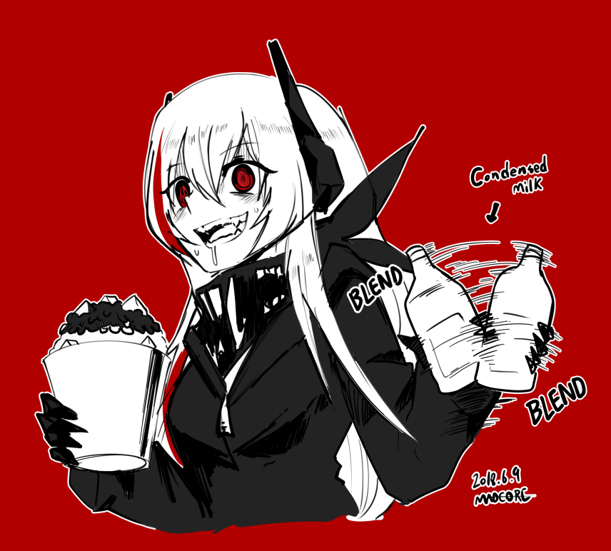 1girl @_@ arrow_(symbol) artist_name bandana_around_neck blending blush bottle breasts bucket check_food clip_studio_paint_(medium) commentary condensed_milk dated drooling english_commentary english_text fangs food girls'_frontline hair_between_eyes headgear holding holding_bottle jacket long_hair m4_sopmod_ii_(girls'_frontline) madcore mechanical_hands motion_lines multicolored_hair open_mouth red_background red_eyes red_hair shaking shaved_ice simple_background smile solo sound_effects streaked_hair teeth upper_body very_long_hair zipper