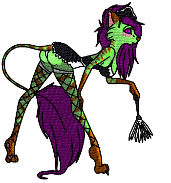 2011 anthro barefoot biped blush breasts brown_stripes butt cleaning_tool clothing dayforbidden feather_duster feet felid feline female fishnet fishnet_legwear fur green_body green_fur hair legwear low_res maid_uniform mammal purple_eyes purple_hair slayter solo stripes uniform