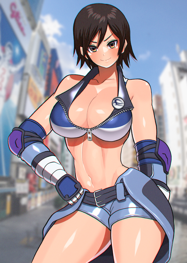 1girl akisu_k blue_shorts blue_sky blurry blurry_background breasts brown_eyes brown_hair city cleavage closed_mouth cloud cloudy_sky cowboy_shot elbow_gloves elbow_pads gloves hand_on_own_hip kazama_asuka large_breasts looking_at_viewer navel osaka_(city) outdoors short_hair shorts sky smile solo stomach strapless tekken tekken_5 tomboy tube_top v-shaped_eyebrows zipper zipper_pull_tab