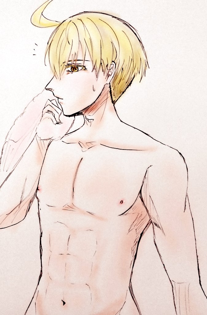 1boy abs ahoge blonde_hair final_fantasy final_fantasy_tactics head_tilt kujiramza navel nipples ramza_beoulve simple_background solo stomach topless_male towel upper_body yellow_eyes