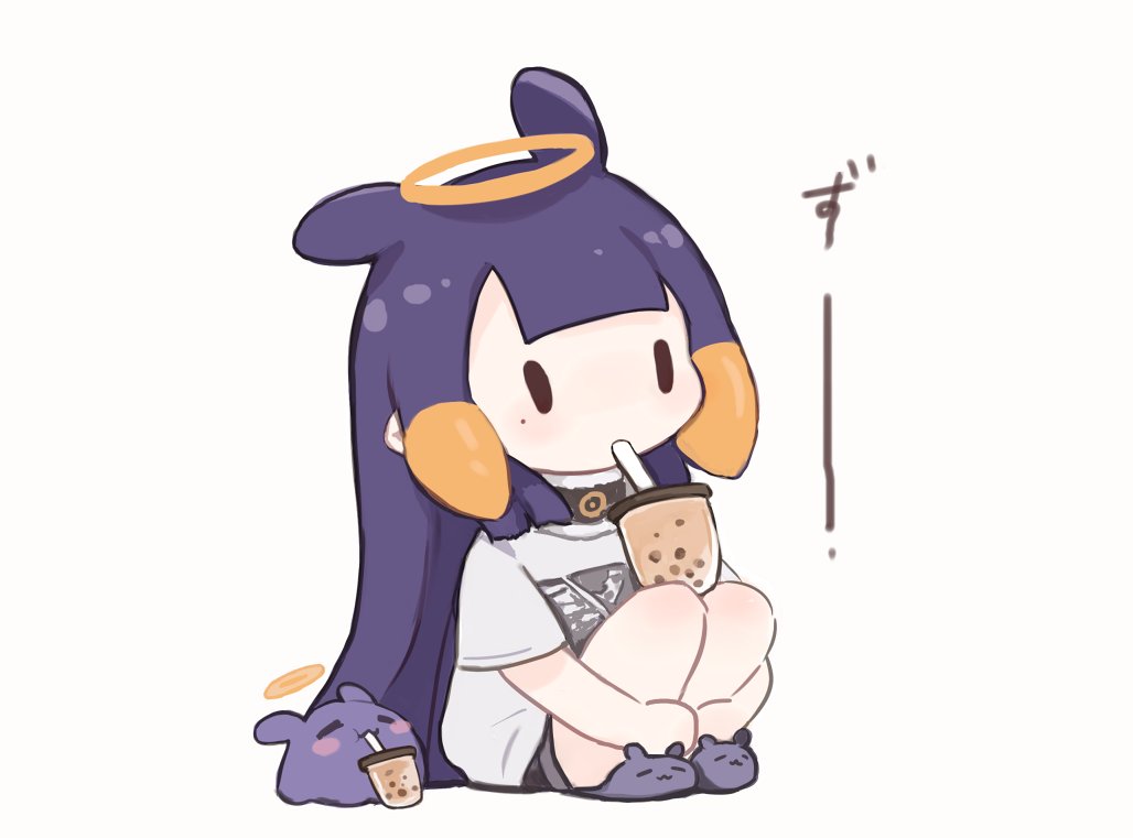 1girl black_choker black_eyes black_shorts blunt_bangs blush blush_stickers bubble_tea center-flap_bangs chibi choker cup disposable_cup drinking drinking_straw drinking_straw_in_mouth full_body fur-trimmed_choker fur_trim halo hololive hololive_english hugging_own_legs knees_up long_hair mole mole_under_eye multicolored_hair ninomae_ina'nis ninomae_ina'nis_(5th_costume) official_alternate_costume orange_hair purple_footwear purple_hair shirt short_shorts short_sleeves shorts sidelocks simple_background sitting slippers solid_oval_eyes solo t-shirt takodachi_(ninomae_ina'nis) tentacle_hair very_long_hair white_background white_shirt yuuyu_(777)