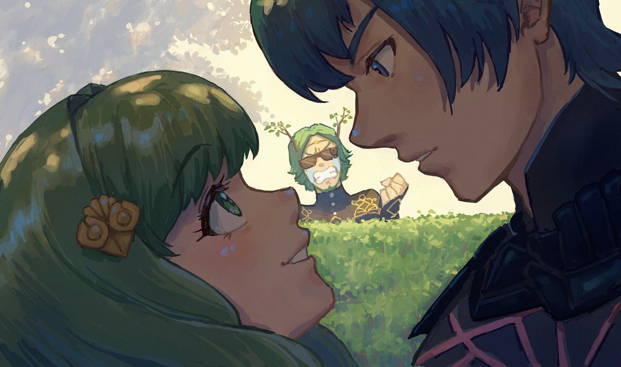 1girl 2boys beard blue_eyes blue_hair bush byleth_(fire_emblem) byleth_(male)_(fire_emblem) clenched_teeth crying facial_hair fire_emblem fire_emblem:_three_houses flayn_(fire_emblem) green_eyes green_hair green_little hair_ornament looking_at_another multiple_boys outdoors seteth_(fire_emblem) smile sunglasses teeth