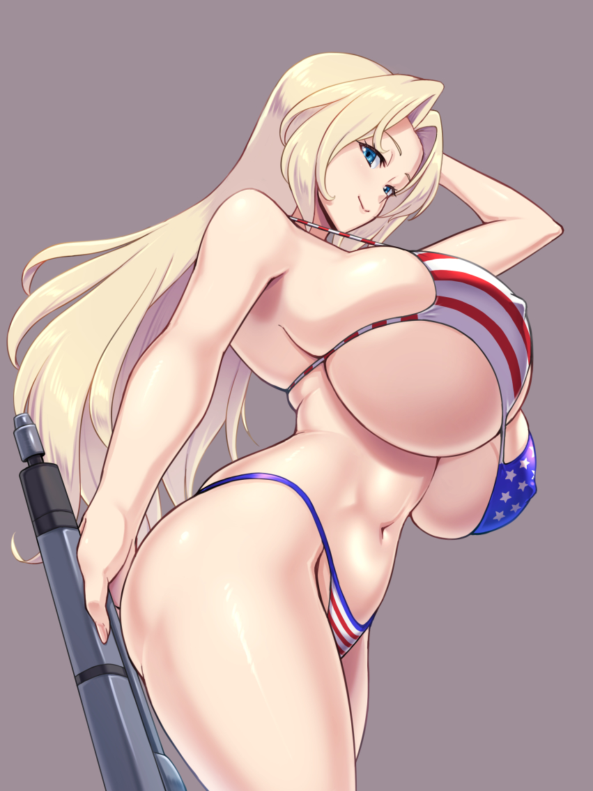 1girl american_flag_bikini bikini blonde_hair blue_eyes breasts covered_nipples cowboy_shot flag_print gun highleg highleg_swimsuit hornet_(kancolle) huge_breasts kantai_collection kawanuma_uotsuri long_hair looking_at_viewer navel rifle smile swimsuit weapon