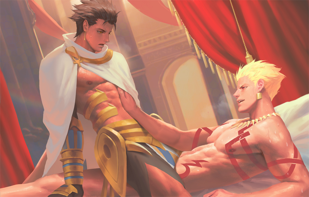 2boys abs bara bed black_gloves black_hair blonde_hair body_markings cape earrings fate/grand_order fate_(series) gilgamesh_(fate) gloves jewelry large_pectorals lying male_focus multiple_boys muscular muscular_male navel nipples on_back on_bed ozymandias_(fate) paid_reward_available pectorals penguin_frontier short_hair sitting sitting_on_person spiked_hair white_cape yaoi