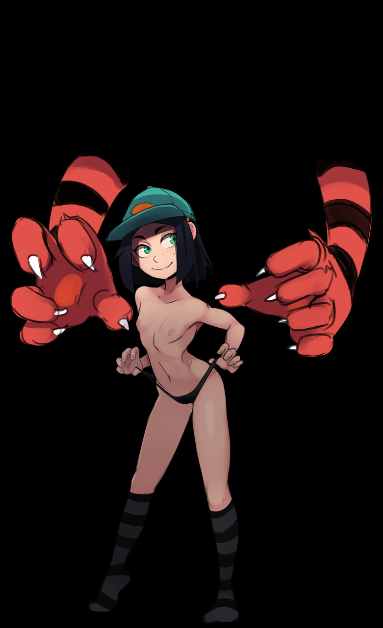 1boy 1girl aqua_headwear ass bad_id bad_pixiv_id baseball_cap black_background black_hair black_panties black_socks bob_cut breasts claw_pose claws collarbone commentary commission contrapposto cosplay curled_fingers dark disembodied_limb english_commentary freckles front_to_back full_body furry furry_male furry_with_non-furry green_eyes grey_socks hairband hat hetero highleg highleg_panties highres incineroar interspecies kasia_mikolajczyk kneehighs leaning_forward looking_at_another looking_back navel nipples original panties picnicker_(pokemon) picnicker_(pokemon)_(cosplay) pokemon pokemon_(creature) pokephilia polyle short_hair simple_background small_breasts smile socks solo_focus standing striped striped_socks thick_eyebrows thumb_in_beltline topless two-tone_socks uncensored underwear underwear_only yellow_hairband