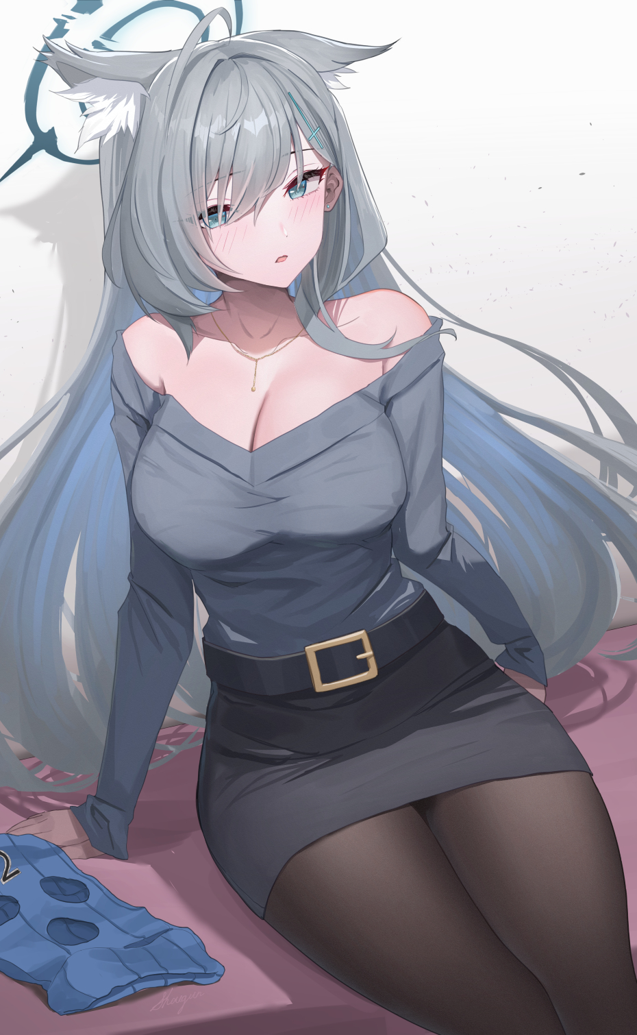 1girl ahoge alternate_costume animal_ear_fluff animal_ears arm_support bare_shoulders black_pantyhose black_skirt blue_archive blue_mask blush breasts feet_out_of_frame grey_hair grey_shirt halo highres large_breasts long_sleeves looking_at_viewer mask mask_removed off-shoulder_shirt off_shoulder pantyhose pencil_skirt shiroko_(blue_archive) shiroko_terror_(blue_archive) shirt shougun_(chuckni1) sitting skirt solo wolf_ears