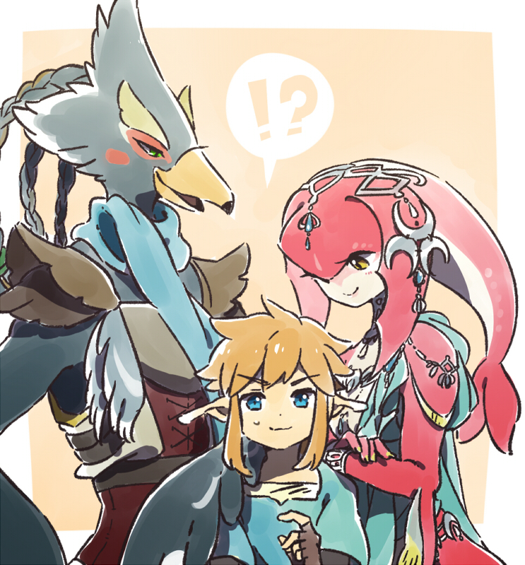 !? 1girl 2boys arm_on_shoulder armor beak bird_boy blonde_hair blue_eyes blue_fur blue_hair blue_scarf blue_shirt blush blush_stickers body_fur border braid breastplate brown_gloves closed_mouth colored_skin commentary_request fingerless_gloves fins fish_girl furry furry_female furry_male gloves green_eyes hair_tie half-closed_eyes hand_up head_fins head_tail headpiece height_difference layered_sleeves light_blush link long_sleeves looking_at_another looking_at_viewer medium_hair mipha multicolored_skin multiple_boys nervous_smile open_mouth orange_background outside_border partial_commentary pointy_ears quad_tails red_skin revali rito scarf shirt short_hair short_over_long_sleeves short_sleeves shoulder_pads sidelocks simple_background smile speech_bubble spoken_interrobang standing straight-on sweat the_legend_of_zelda the_legend_of_zelda:_breath_of_the_wild two-tone_fur two-tone_skin ukata undershirt upper_body v-shaped_eyebrows white_border white_fur white_skin winged_arms wings yellow_eyes zora