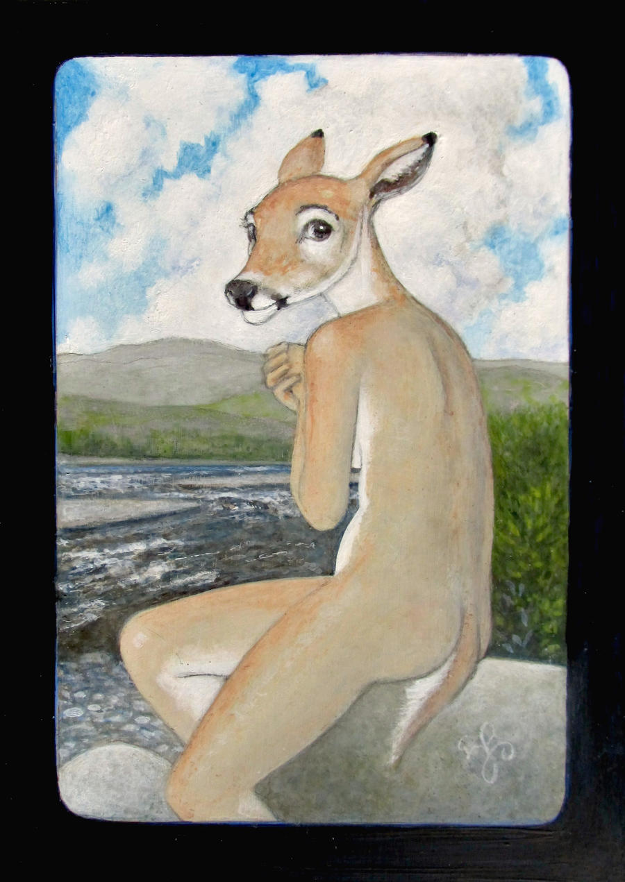 acrylic_painting_(artwork) andibi anthro arms_over_breasts barely_visible_breasts black_nose breasts butt cloud covering covering_breasts covering_self deer female fur grass hi_res mammal mountain naturally_censored nude outside painting_(artwork) pinup plant pose river short_tail side_boob sitting sky smile solo tail tan_body tan_fur tasteful tasteful_nudity traditional_media_(artwork) water white_body white_fur