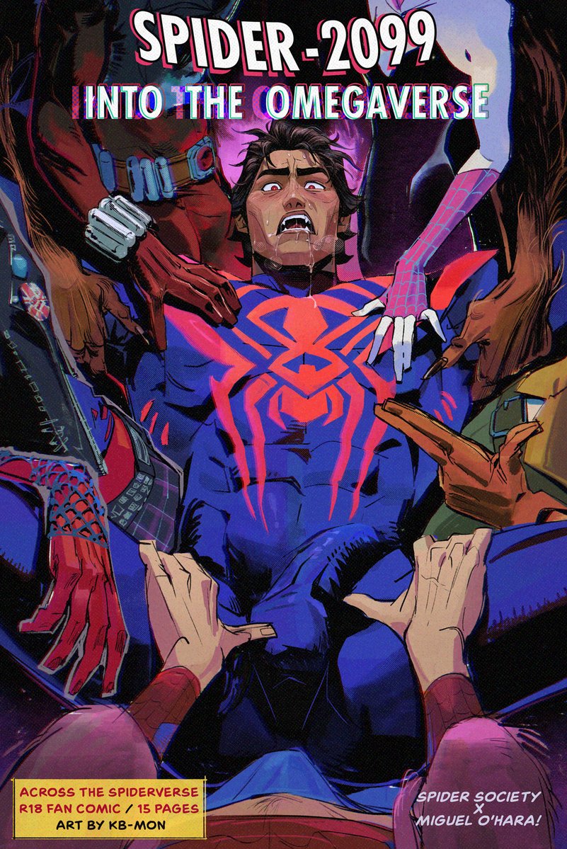6+boys animal_print bara ben_reilly bisexual_male black_hair blue_bodysuit bodysuit bulge character_name coat dark-skinned_male dark_skin english_text erection erection_under_clothes imminent_anal imminent_penetration kb-mon large_pectorals male_focus marvel miguel_o'hara mixed_harem multiple_boys muscular muscular_male omegaverse open_mouth pectorals peter_b_parker pink_coat red_eyes scarlet_spider short_hair solo_focus spider-gwen spider-man:_across_the_spider-verse spider-man_(series) spider-punk spider-verse spider_print spread_legs thick_thighs thighs two-tone_bodysuit
