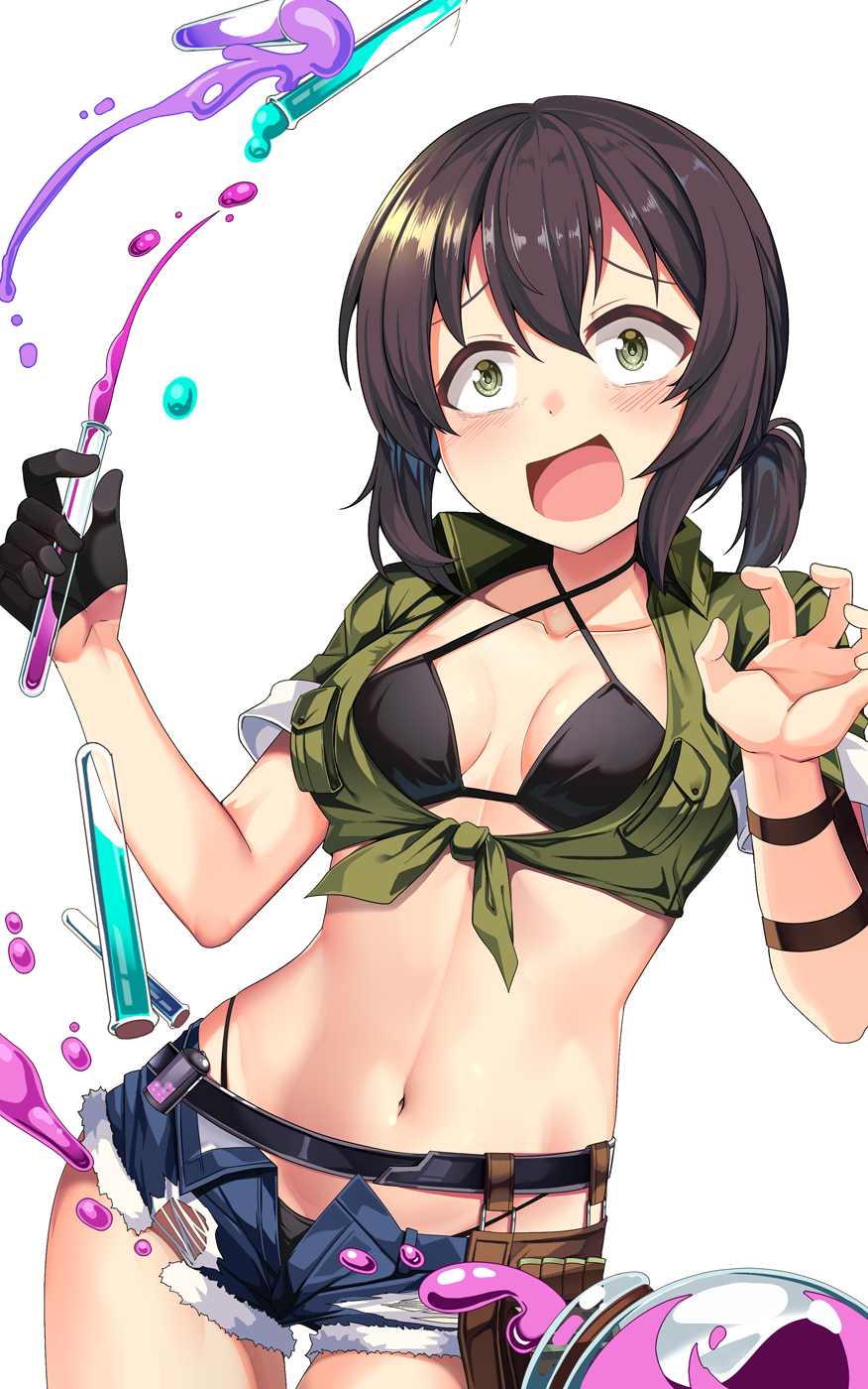 1girl agnes_tachyon_(lunatic_lab)_(umamusume) agnes_tachyon_(umamusume) agnes_tachyon_(umamusume)_(cosplay) belt bikini black_belt black_bikini black_gloves black_hair blush commentary_request cosplay cowboy_shot criss-cross_halter cutoffs denim denim_shorts fubuki_(kancolle) gloves green_shirt grey_eyes halterneck hands_up highres holding kantai_collection midriff navel shirt short_hair short_shorts short_sleeves shorts simple_background solo standing stomach swimsuit test_tube tied_shirt uesaka_sumire umamusume voice_actor_connection white_background yasume_yukito