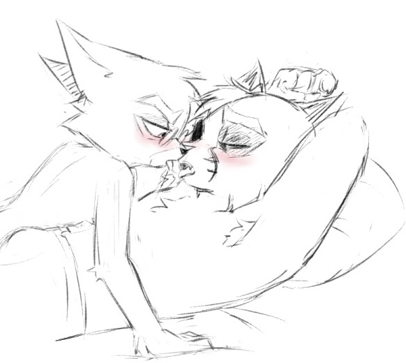 anthro domestic_cat duo felid feline felis hottopicpiss lackadaisy making_out male male/male mammal mordecai_heller sketch slightly_chubby tongue tongue_out viktor_vasko webcomic