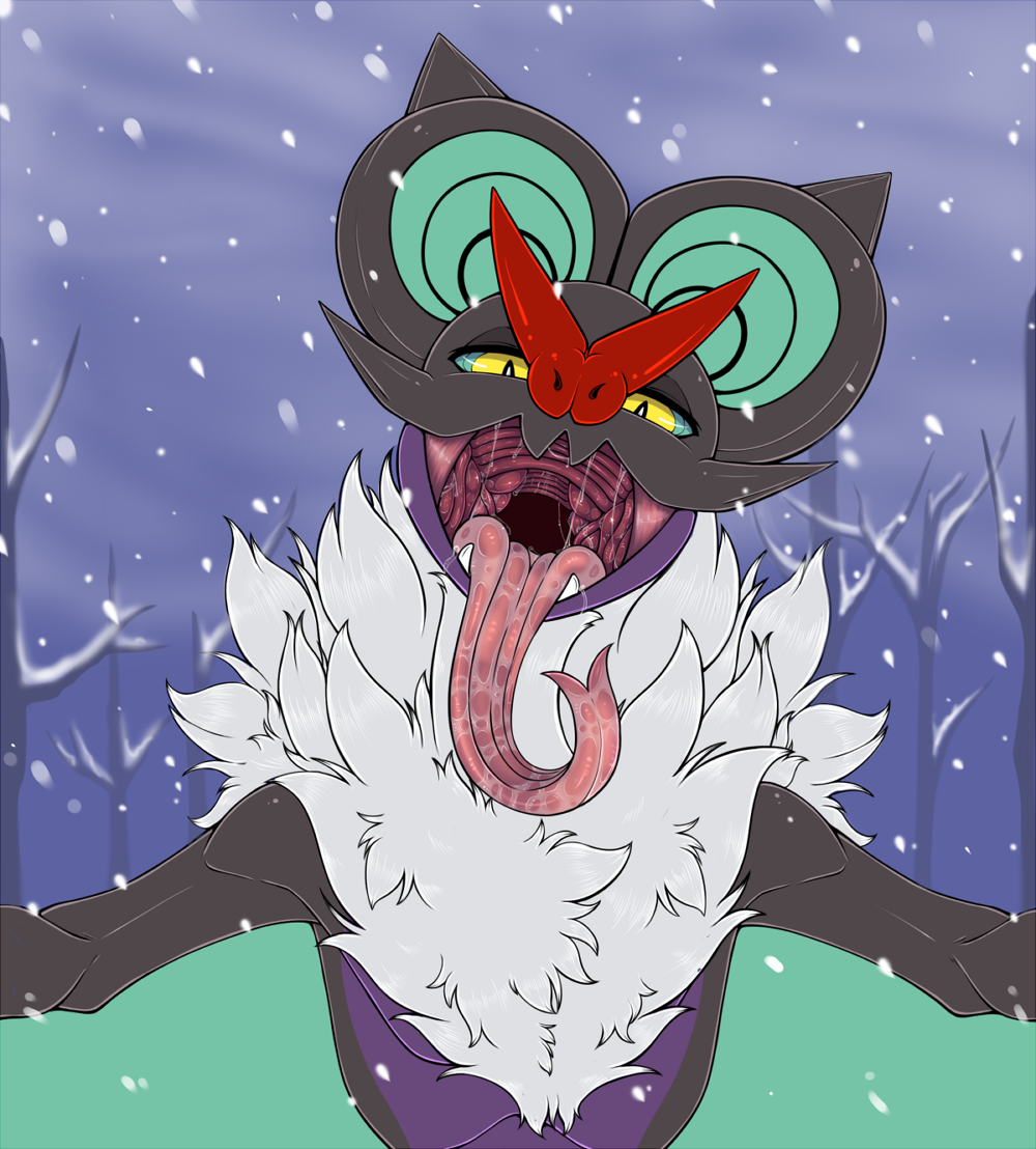 2023 bat bodily_fluids dragon drooling feral forked_tongue fur generation_6_pokemon hybrid imminent_vore mammal marcushunter mouth_shot narrowed_eyes nintendo noivern open_mouth pokemon pokemon_(species) saliva saliva_on_tongue saliva_string snow snowing solo spread_arms tongue