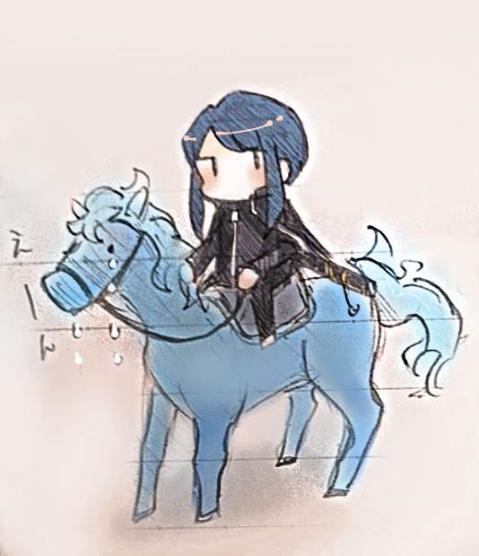 1other animal black_coat black_eyes black_pants blue_hair blue_skin bridle coat colored_skin crying horse horseback_riding library_of_ruina lobotomy_corporation looking_to_the_side pale_skin pants paper porccu_200g project_moon riding sheath short_hair sidelocks simple_background sketch the_bookhunter white_background