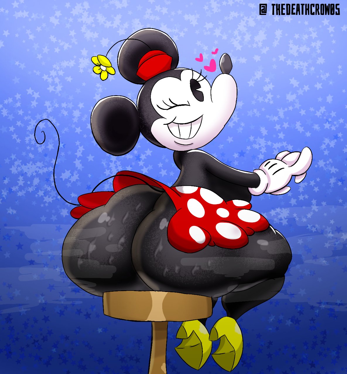 &lt;3 anthro big_butt black_body black_eyes blinking bottomwear breasts butt chair clothing disney female footwear furniture gloves handwear hat headgear headwear hi_res huge_butt mammal minnie_mouse mouse murid murine rodent shoes sitting skirt solo tail thedeathcrow05