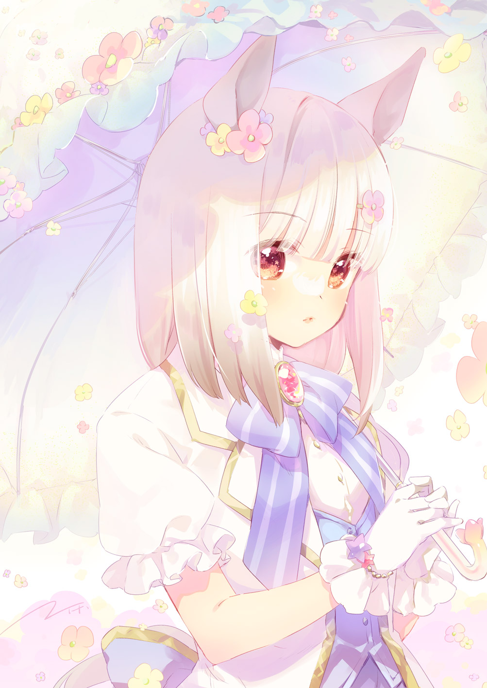 1girl animal_ears blue_bow blue_flower blue_vest bow brooch brown_eyes commentary ech flower frilled_umbrella frills gloves hair_flower hair_ornament hairclip happy_meek_(umamusume) highres holding holding_umbrella horse_ears horse_girl jacket jewelry looking_at_viewer parted_lips pink_flower puffy_short_sleeves puffy_sleeves purple_flower revision shirt short_sleeves solo striped striped_bow umamusume umbrella upper_body vest white_gloves white_hair white_jacket white_shirt white_umbrella yellow_flower