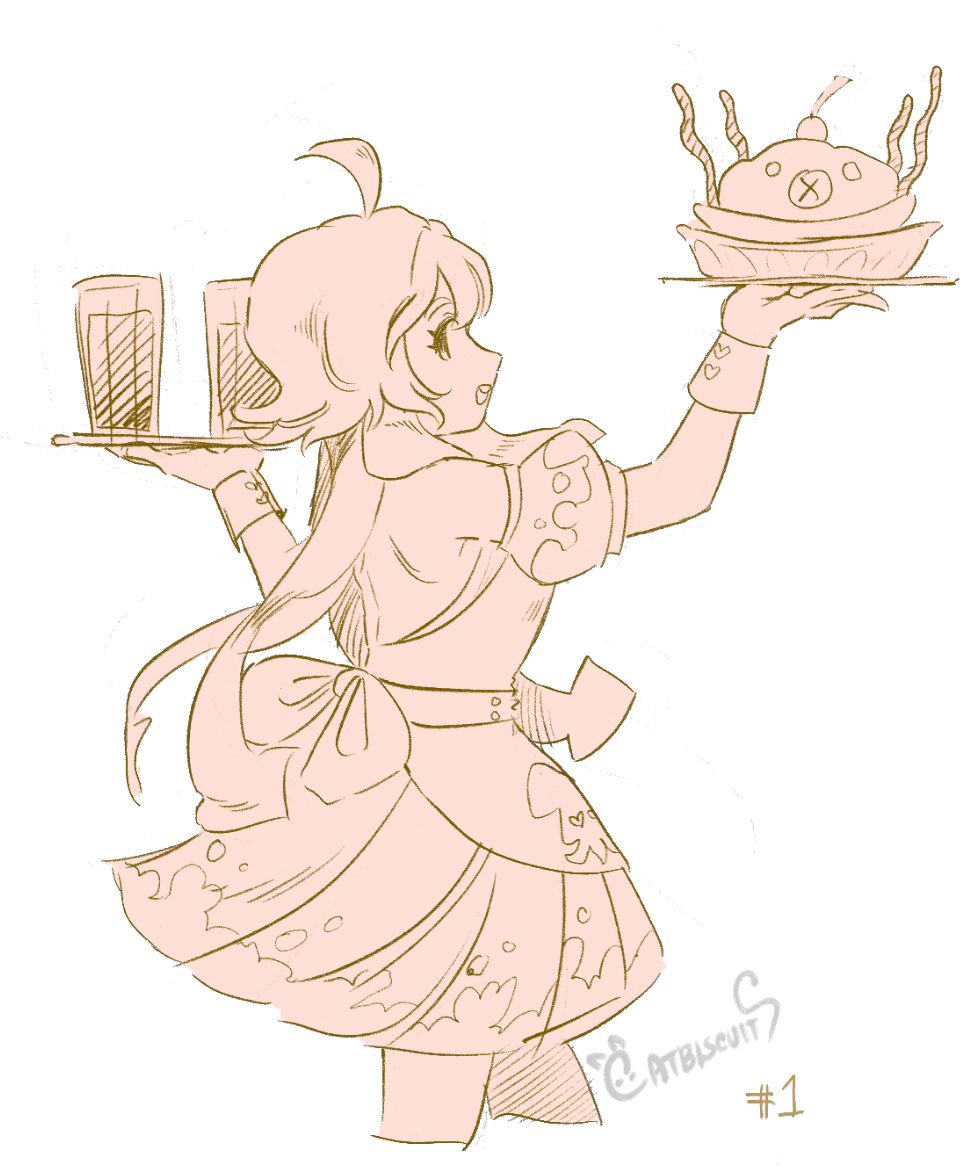 1girl apron back_bow backless_outfit bow catherine_suh commission commissioner_upload facing_to_the_side food from_side holding holding_food looking_at_viewer maid maid_apron monochrome original signature tentacle_hair tray