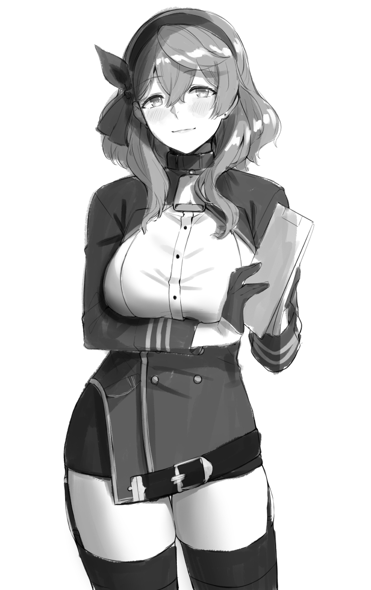 1girl ako_(blue_archive) bell belt blue_archive blush breasts clipboard cowboy_shot deras garter_straps gloves greyscale hairband half_gloves highres holding holding_clipboard large_breasts light_smile long_sleeves looking_at_viewer monochrome neck_bell pencil_skirt simple_background skirt solo thighhighs white_background
