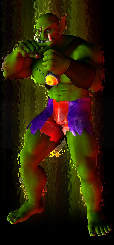 3d_(artwork) abstract_background armor bandolier barefoot bottomwear bracers clothing digital_media_(artwork) feet fighting_pose fuzzy-yak green_body green_skin humanoid male orc pose scar shorts solo trassk tusks