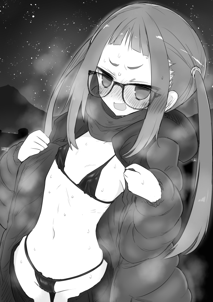 1girl bikini blush covered_nipples flat_chest glasses greyscale jacket kyuusui_gakari micro_bikini monochrome oogaki_chiaki open_clothes open_jacket solo sweat swimsuit twintails yurucamp