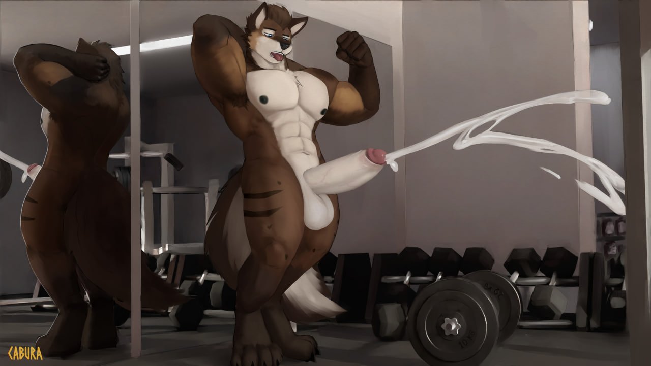 abs anthro ark_(arkwolf26) balls big_balls big_penis black_nipples black_nose bodily_fluids cabura canid canine canis cum cumshot ejaculation erection excessive_cum excessive_genital_fluids flexing foreskin genital_fluids genitals gym gym_equipment looking_down looking_pleasured male mammal mirror muscular muscular_male nipples nude pecs penis pose presenting saggy_balls smile solo teeth tongue weights wolf