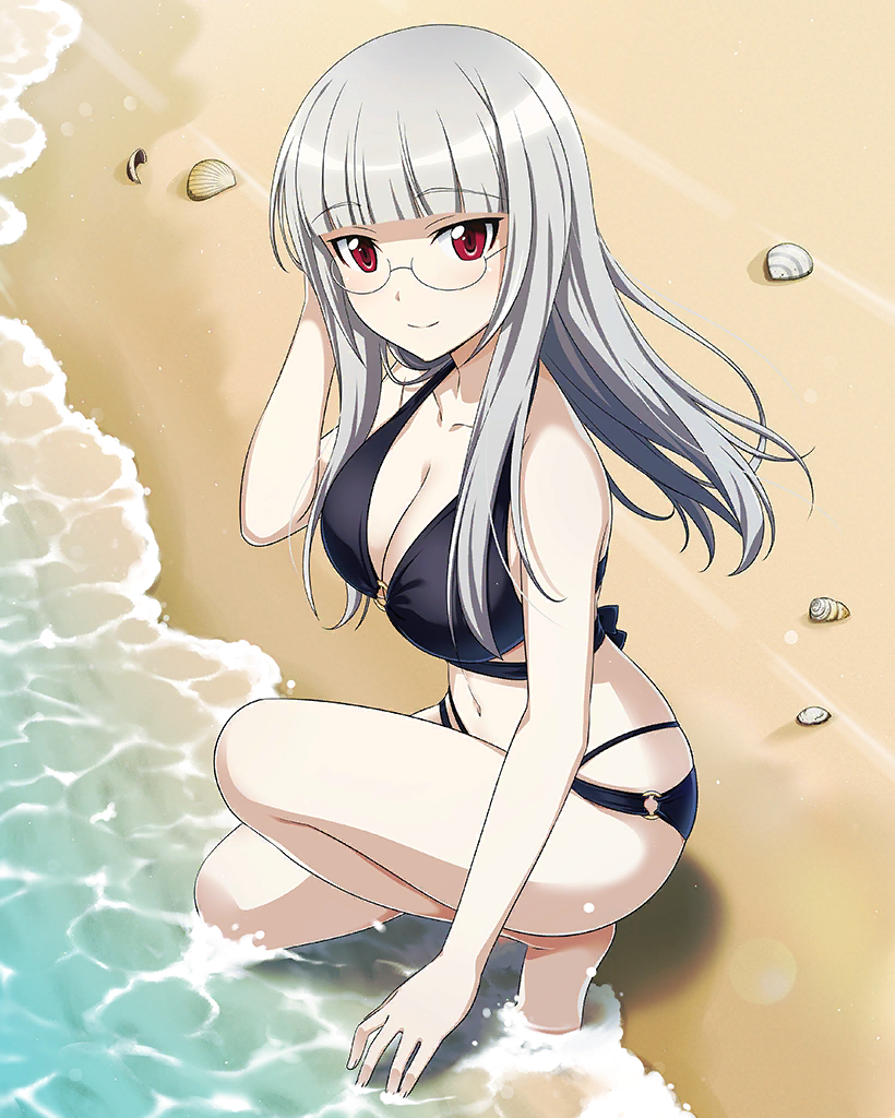1girl artist_request barefoot beach bikini black_bikini blush breasts cleavage closed_mouth collarbone glasses heidimarie_w._schnaufer large_breasts long_hair looking_at_viewer navel non-web_source ocean official_art outdoors red_eyes seashell shell smile solo strike_witches swimsuit white_hair world_witches_series