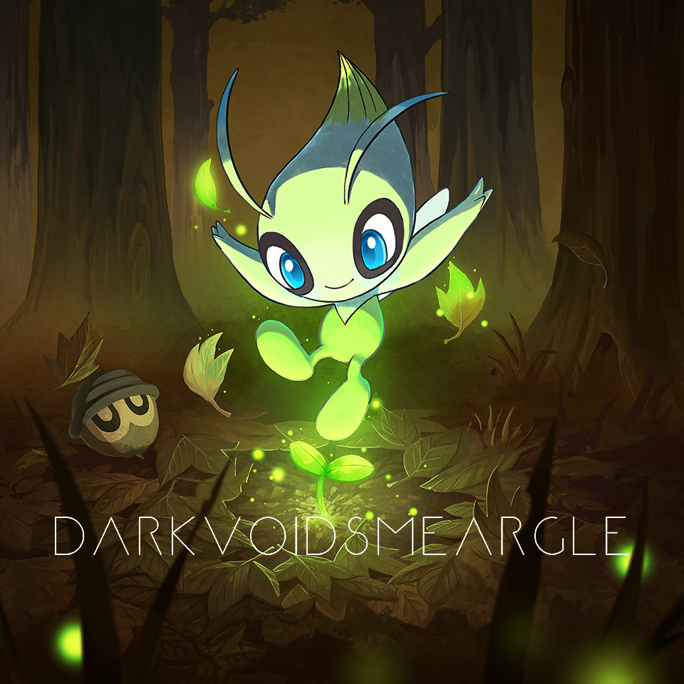 artist_name blue_eyes celebi closed_mouth commentary darkvoiddoble glowing leaf looking_down night no_humans outdoors outstretched_arms pokemon pokemon_(creature) sapling seedot smile tree watermark