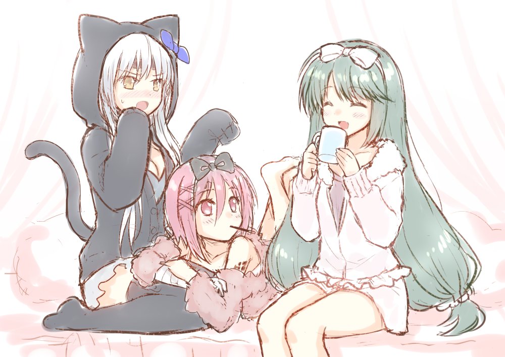 3girls animal_hood aoki_kanemoto_(tenka_hyakken) bandaged_arm bandages black_hairband blue_bow blue_hair blush bow bow_hairband cat_hood collarbone cup eating food_in_mouth fur_trim green_hair hair_ornament hair_scrunchie hairband holding holding_cup hood legs_up light_blue_hair long_hair looking_at_another lying mug multiple_girls nakamura_hinato nikkari_aoe_(tenka_hyakken) off_shoulder on_bed on_stomach ookurikara_(tenka_hyakken) open_mouth pajamas pocky_in_mouth red_eyes red_hair scrunchie short_hair sitting sleepover sleeves_past_fingers sleeves_past_wrists sweatdrop tenka_hyakken thighhighs v-shaped_eyebrows wariza white_hairband x_hair_ornament