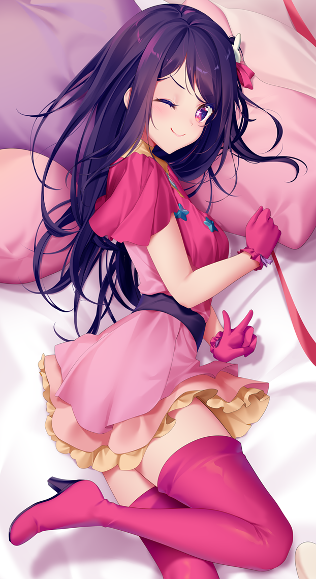 1girl belt black_belt boots closed_mouth commentary dakimakura_(medium) dress frilled_dress frilled_gloves frills gloves hair_ornament hoshino_ai_(oshi_no_ko) idol long_hair lying multicolored_eyes on_side one_eye_closed one_side_up oshi_no_ko pink_dress pink_footwear pink_gloves pink_ribbon purple_eyes purple_hair rabbit_hair_ornament ribbon rimuu solo star-shaped_pupils star_(symbol) symbol-shaped_pupils thigh_boots turtleneck_dress v zettai_ryouiki