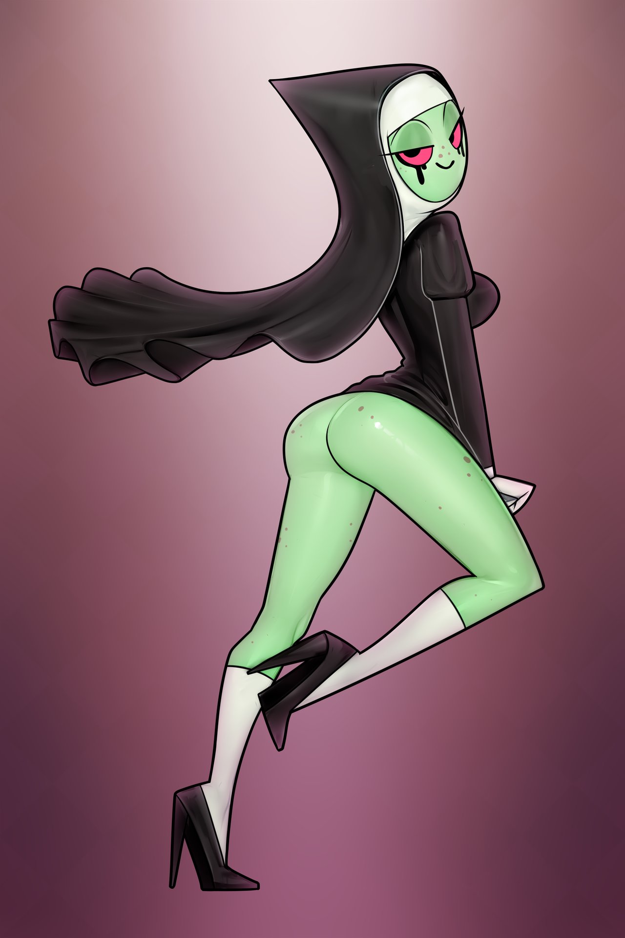 2023 4_fingers alien alien_humanoid big_breasts black_lipstick bottomless breasts butt clothed clothing derek_hetrick disney female fingers footwear freckles gloves green_body green_skin habit hair handwear hi_res high_heels humanoid knee_highs knee_socks legwear lipstick looking_at_viewer looking_back looking_back_at_viewer lord_dominator makeup navel not_furry nun nun_habit nun_outfit pink_sclera raised_calf raised_leg runny_mascara simple_background smile socks solo standing veil wander_over_yonder white_hair