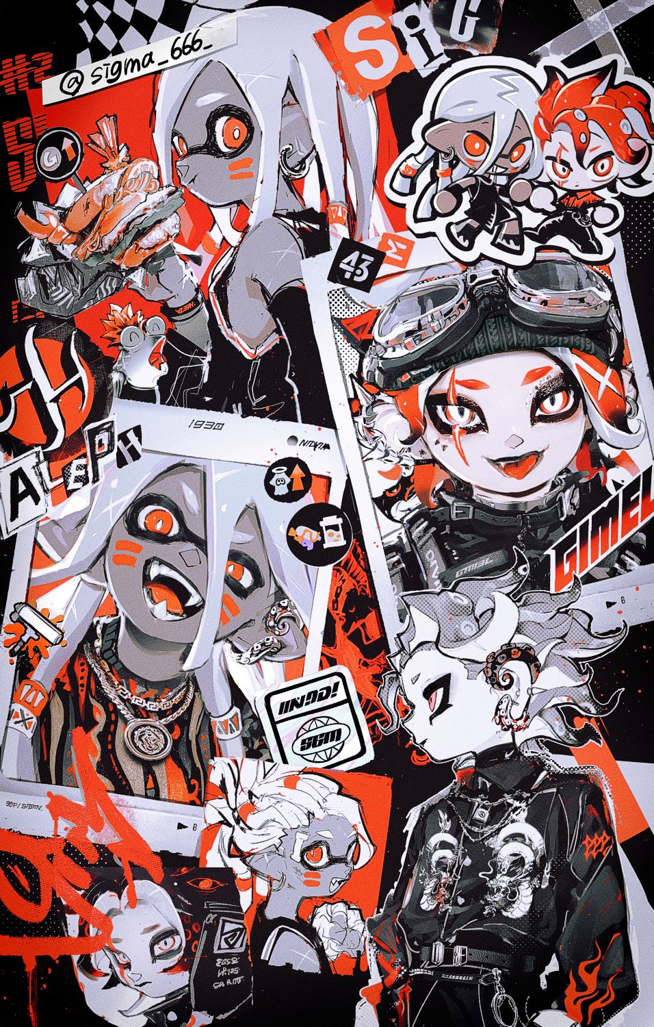 2girls closed_mouth detached_sleeves eating facial_mark fangs food goggles goggles_on_headwear hair_between_eyes hat highres inkling inkling_girl jacket jewelry little_buddy_(splatoon) long_hair multiple_girls multiple_views necklace octoling octoling_girl open_mouth piercing pointy_ears salmonid shirt smallfry_(splatoon) splatoon_(series) surimi_special tentacle_hair tongue twitter_username whisker_markings