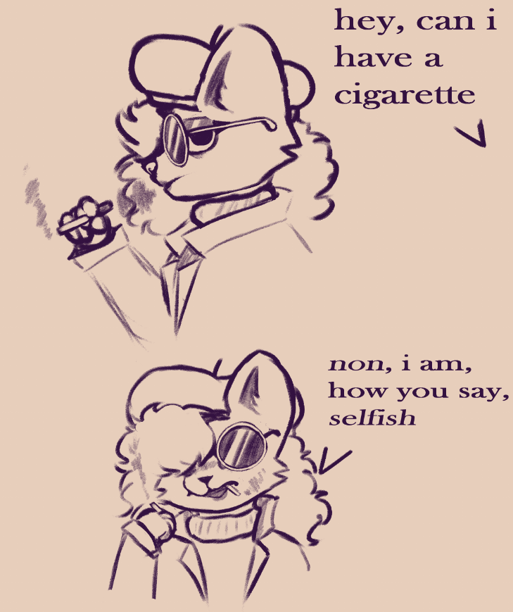anthro cigarette clothed clothing dialogue domestic_cat english_text eyewear felid feline felinehexes felis female glasses hair hair_over_eye hat headgear headwear holding_cigarette holding_object jacket long_hair mammal one_eye_obstructed open_mouth round_glasses smoking smoking_cigarette solo sweater text topwear unseen_character whiskers