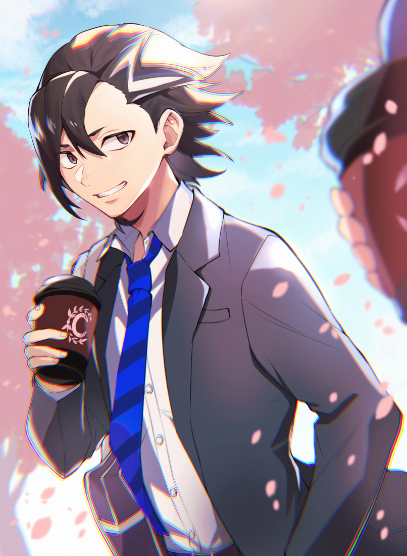 1boy 1other alternate_costume black_hair blue_necktie brown_eyes cherry_blossoms coffee collared_shirt cup day disposable_cup fate/extella fate/extella_link fate/extra fate/grand_order fate_(series) kotoko902 long_sleeves looking_at_another male_focus mandricardo_(fate) necktie outdoors petals shirt short_hair smile suit teeth white_shirt