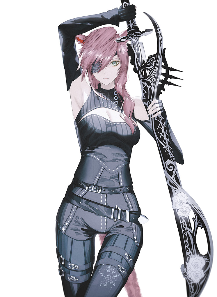 1girl animal_ears arm_above_head black_gloves black_sleeves blue_eyes breasts cat_ears cat_girl cat_tail cleavage cleavage_cutout closed_mouth clothing_cutout commentary_request commission cowboy_shot detached_sleeves eyepatch final_fantasy final_fantasy_xiii final_fantasy_xiv fov_ps gloves holding holding_sword holding_weapon kemonomimi_mode lightning_farron long_hair long_sleeves looking_at_viewer medium_breasts miqo'te pink_hair pixiv_commission sheath simple_background solo sword tail unsheathing weapon white_background