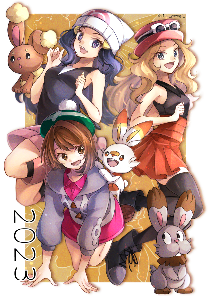 3girls beanie black_thighhighs blonde_hair blue_eyes blue_hair boots brown_eyes brown_hair buneary bunnelby cardigan chinese_zodiac commentary dawn_(pokemon) gloria_(pokemon) green_headwear grey_cardigan hat hood hooded_cardigan hoodie long_hair miniskirt multiple_girls pink_skirt pokemon pokemon_(creature) red_skirt scorbunny serena_(pokemon) shirt short_hair skirt sleeveless sleeveless_shirt sweater tam_o'_shanter thighhighs year_of_the_rabbit yomogi_(black-elf)