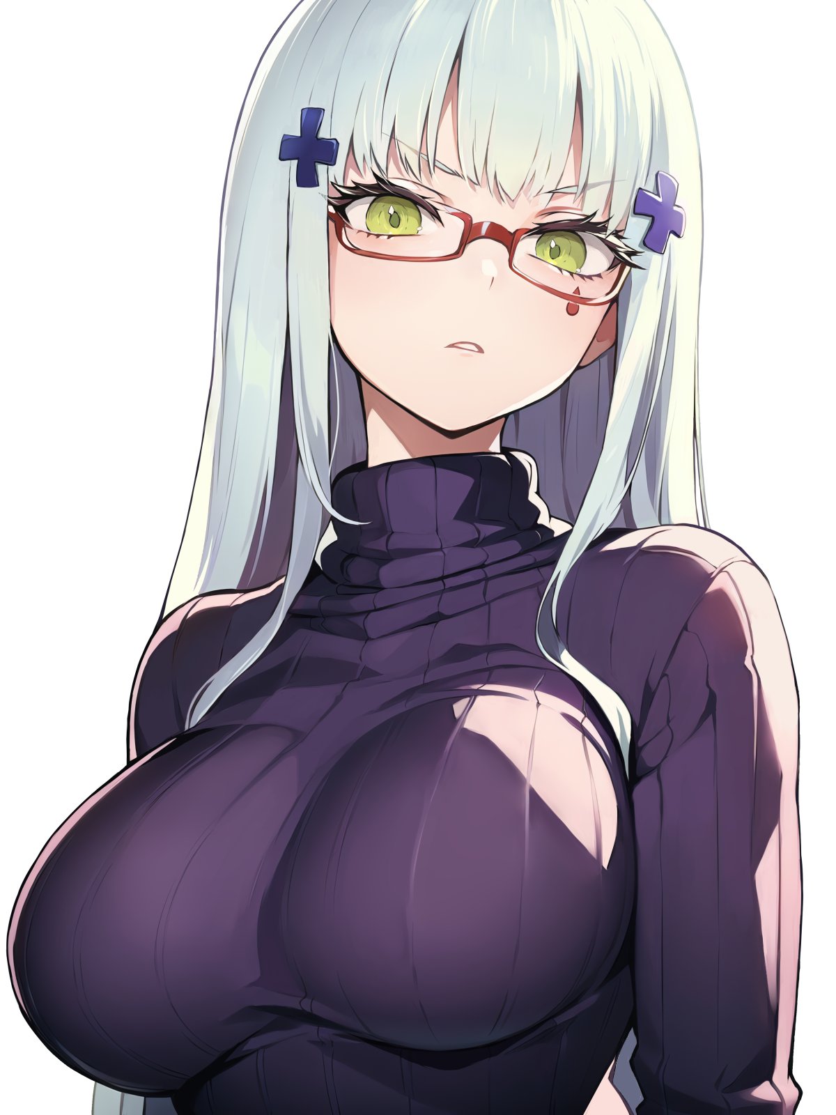 1girl :q black_sweater blunt_bangs breasts cross_hair_ornament frown girls'_frontline glasses green_eyes grey_hair hair_ornament highres hk416_(girls'_frontline) impossible_clothes impossible_sweater large_breasts long_hair long_sleeves looking_at_viewer portrait ribbed_sweater scowl simple_background solo sweater teardrop teardrop_facial_mark teardrop_tattoo tongue tongue_out turtleneck turtleneck_sweater v-shaped_eyebrows white_background yu_416416