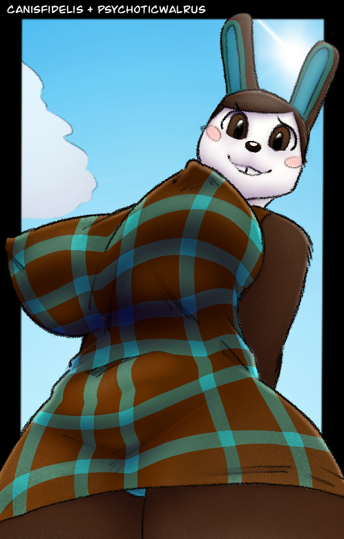 animal_crossing anthro big_breasts bite biting_lip blush breasts canisfidelis carmen_(animal_crossing) clothing dress female hands_behind_back lagomorph leporid low-angle_view mammal nintendo nipple_outline outside panties pattern_clothing plaid plaid_clothing psychoticwalrus rabbit solo underwear